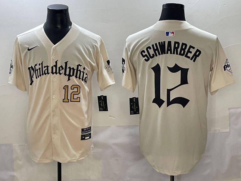 Men 2025 Philadelphia Phillies #12 Schwarber Cream Five generations Joint Name Nike MLB Jersey style 3